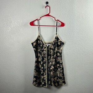 Victoria's Secret Women’s Black Cream Floral Camisole Front Tie Sz XL Lace Trim